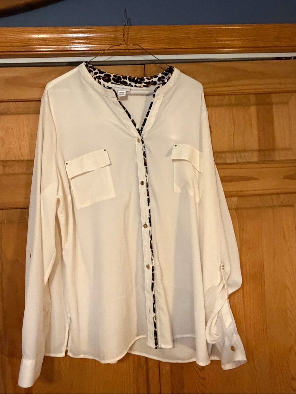 Jaclyn Smith Cream Button-Down Blouse with Leopard-Print Trim